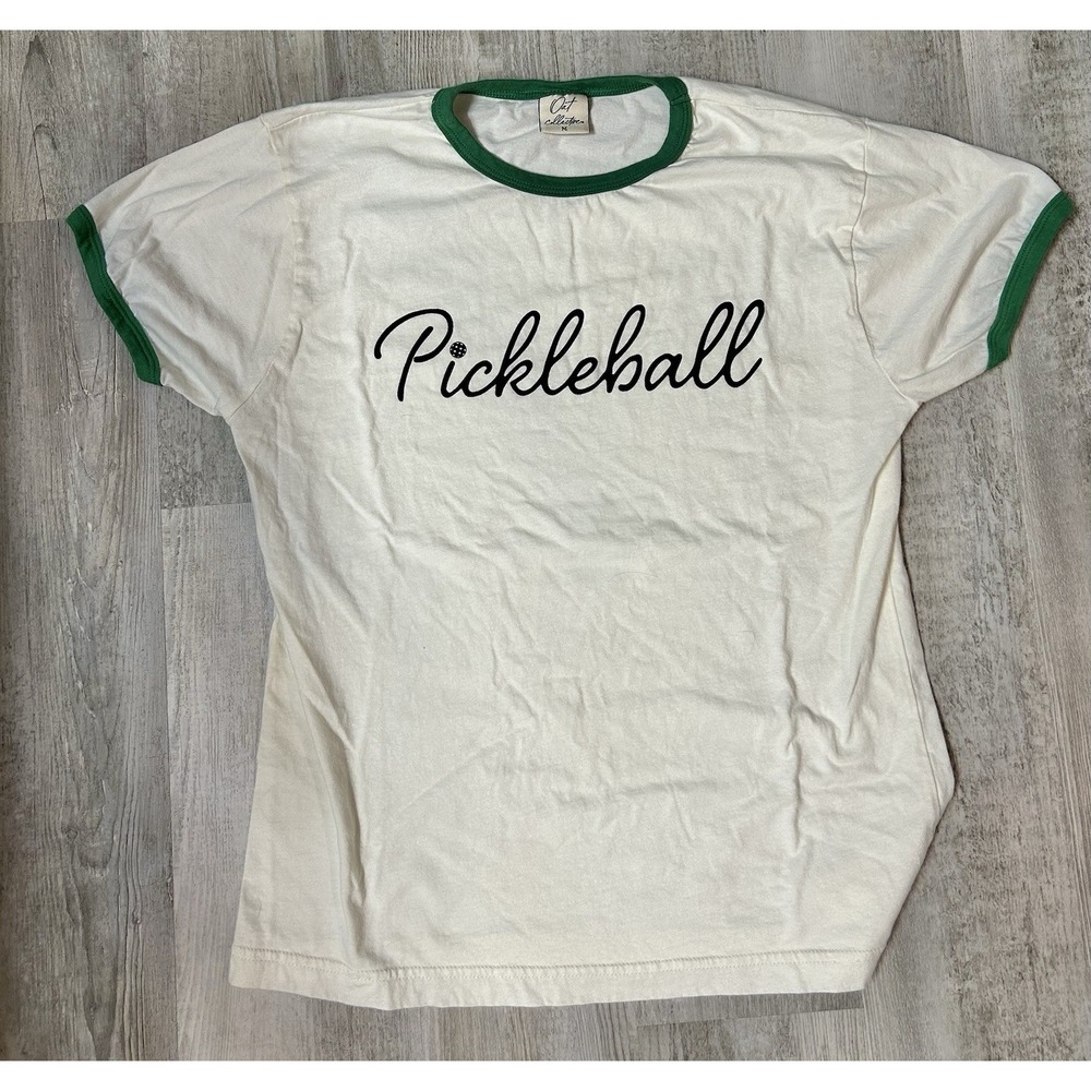 Oat Collective Women's Pickleball White and Green Ringer T Shirt Size Medium